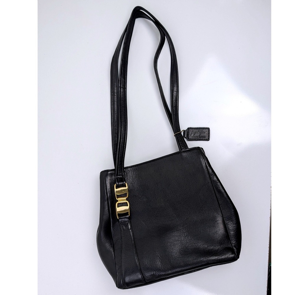 Jacqueline Ferrar Black Genuine Leather Shoulder Bag Gold Hardware Handbag